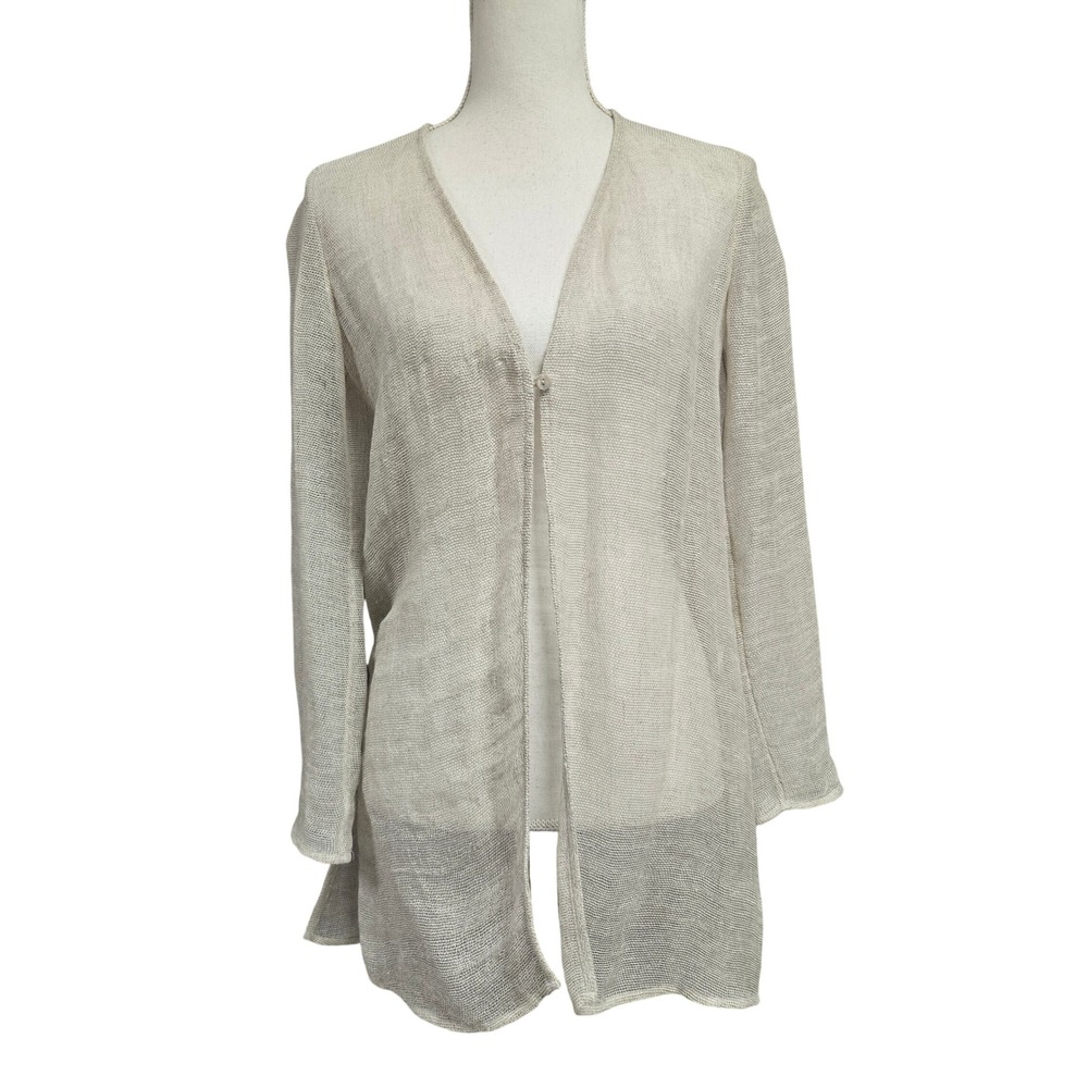 Eileen Fisher Natural Organic Linen Mesh Cardigan Sweater Beige Women's Petite